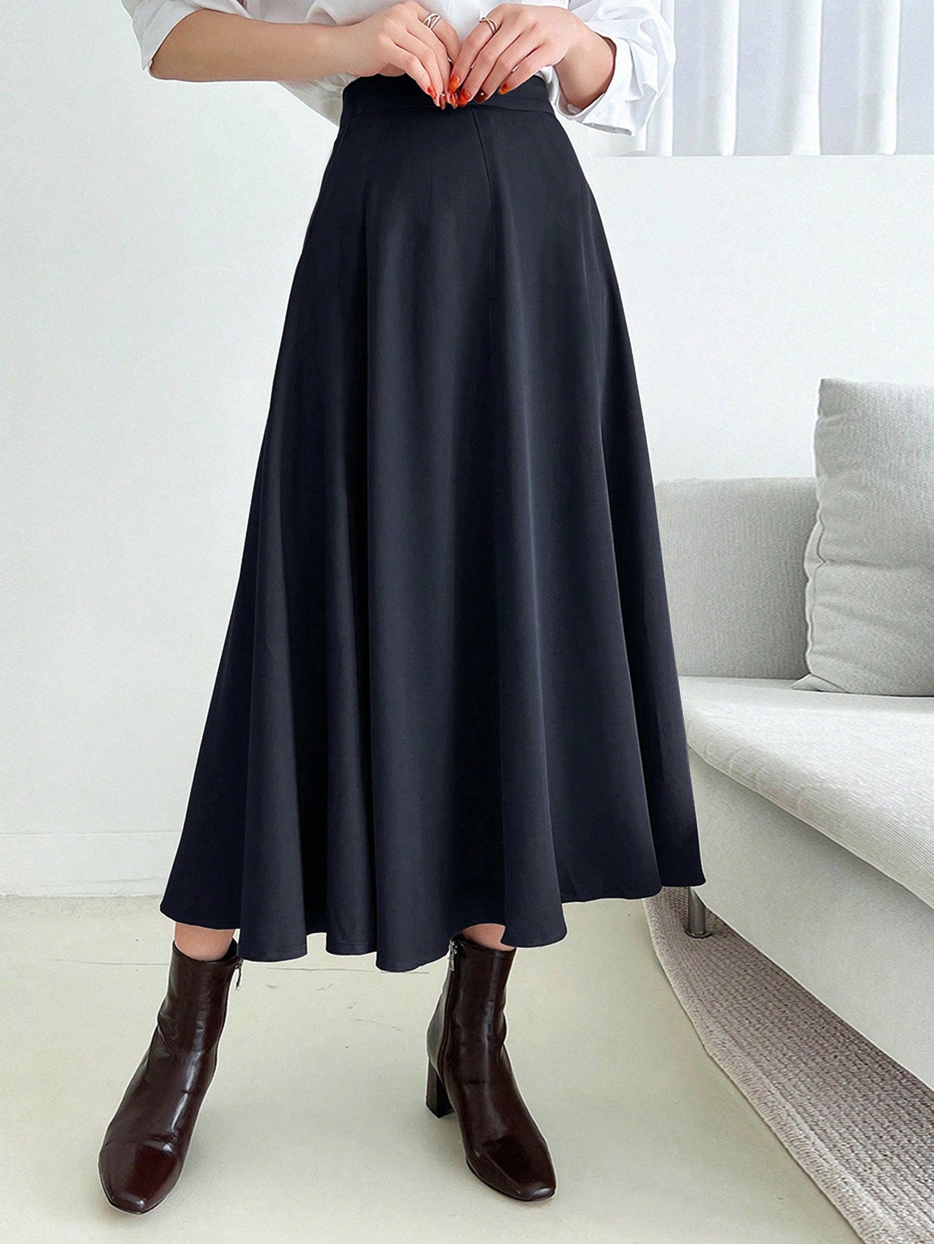 Solid Long Flare Skirt