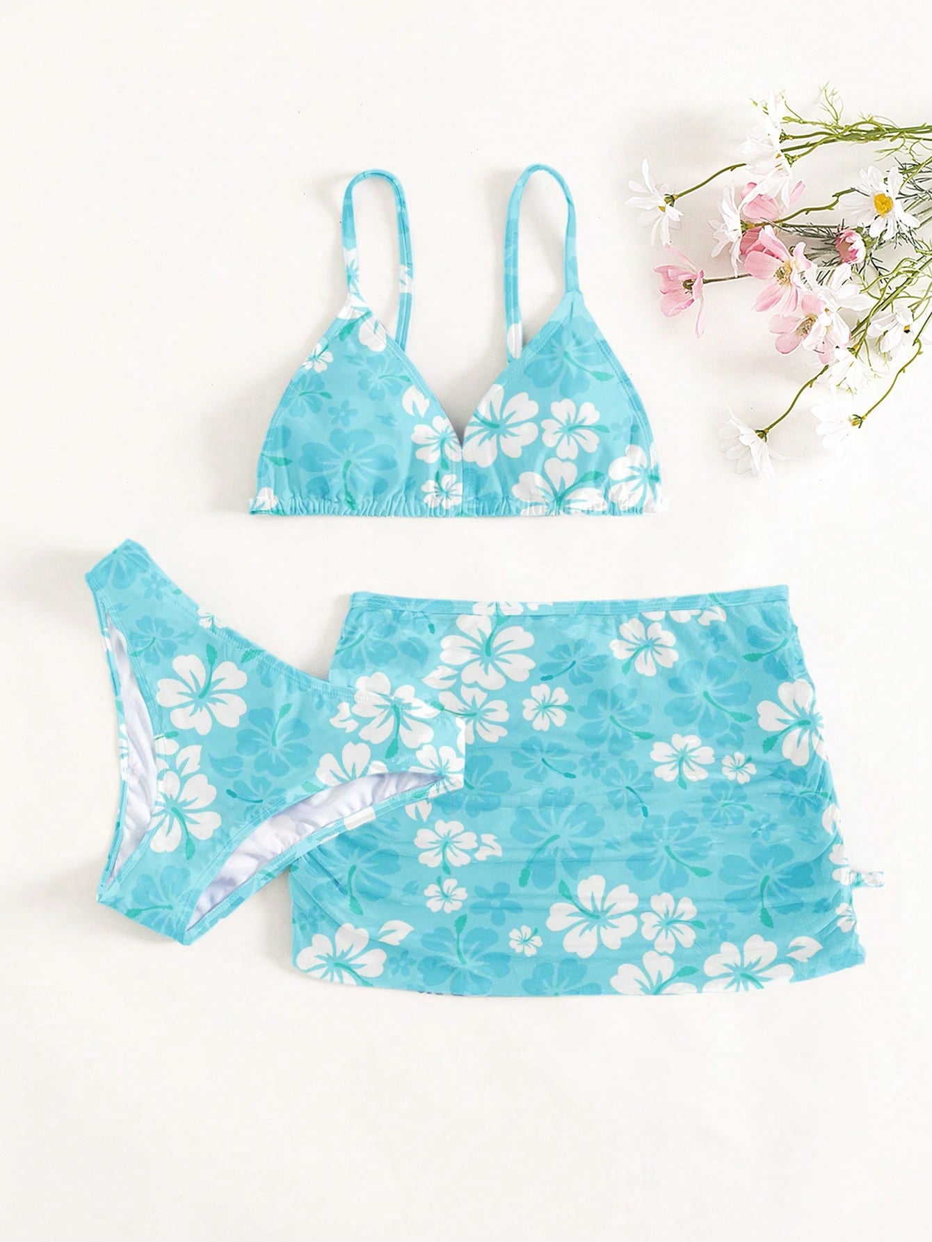 Tween Girl Floral Print Bikini Set & Ruched Beach Skirt Summer Beach