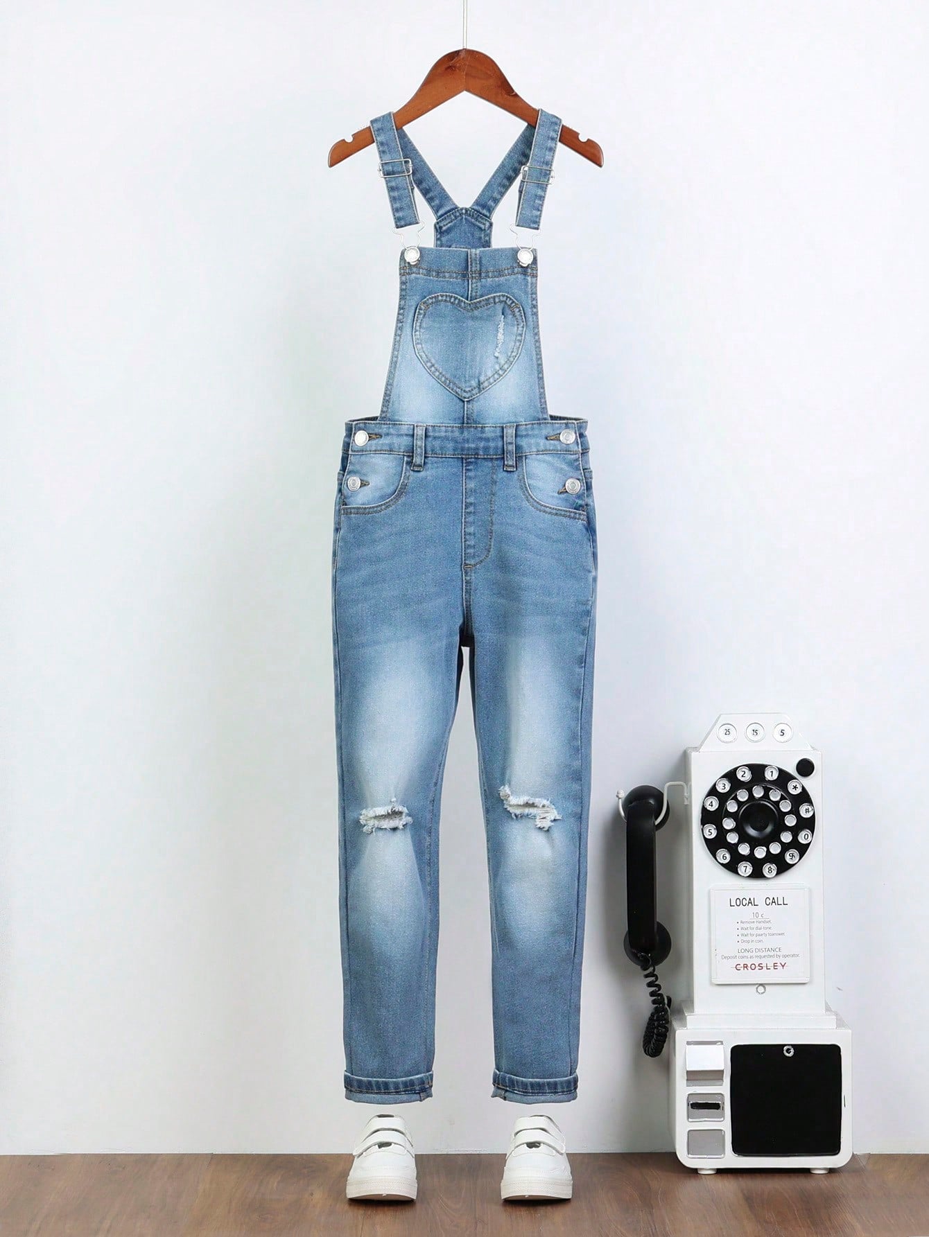 Tween Girls Ripped Frayed Patched Pocket Denim Overalls