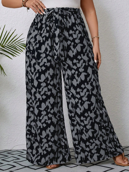 Plus Allover Print Belted Wide Leg Summer Pants Flowy Pants