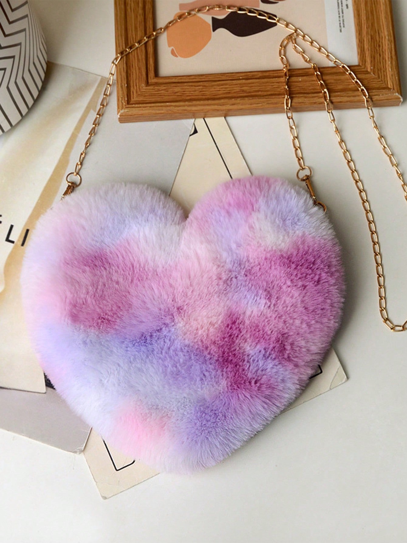 Girls Fuzzy Heart Design Chain Pink Novelty Bag