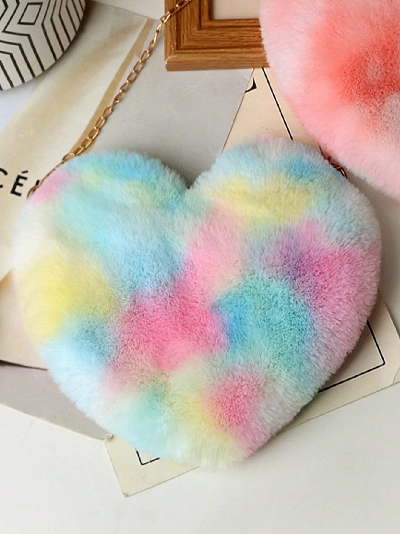 Girls Fuzzy Heart Design Chain Pink Novelty Bag