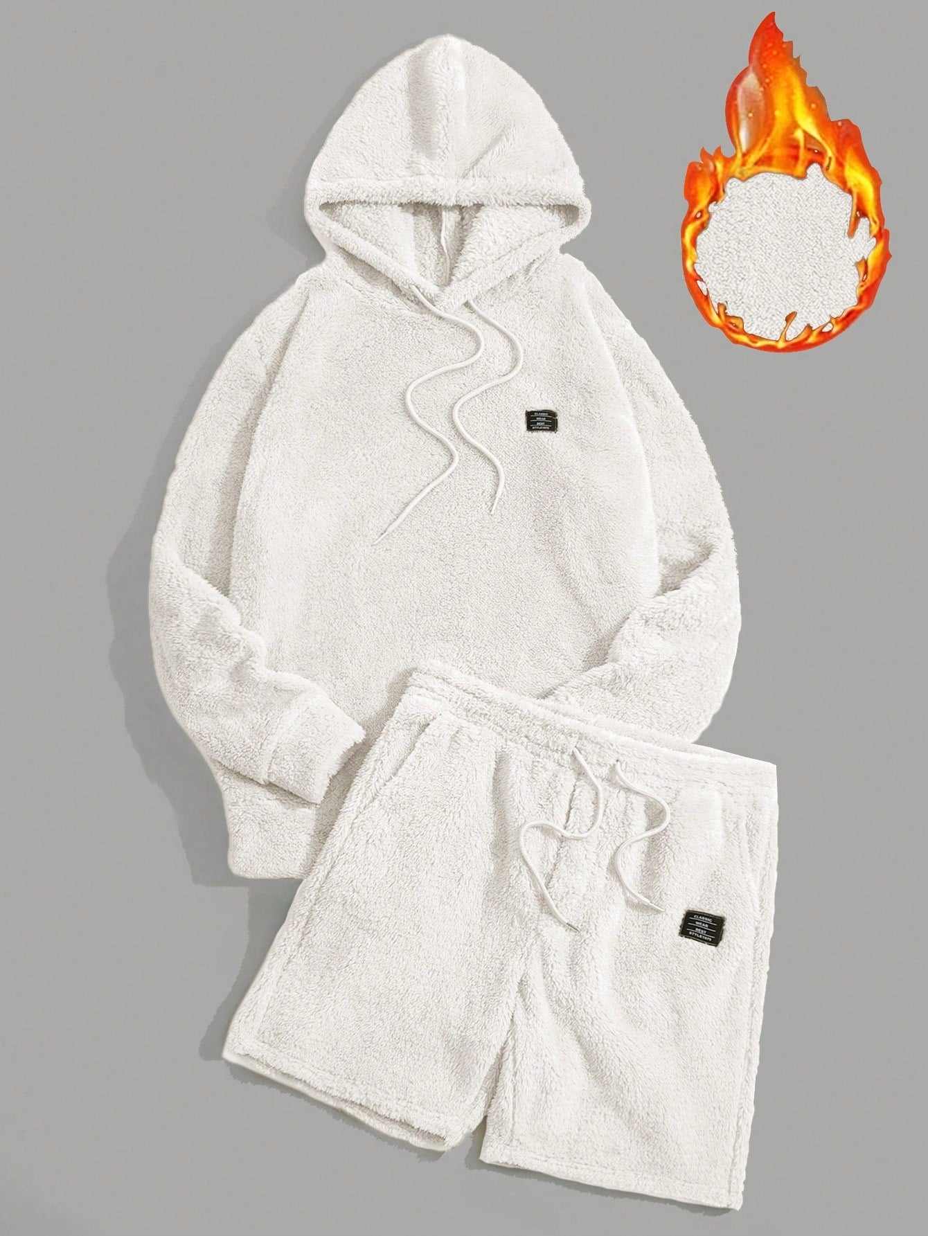 Men Letter Patched Drawstring Teddy Hoodie & Shorts