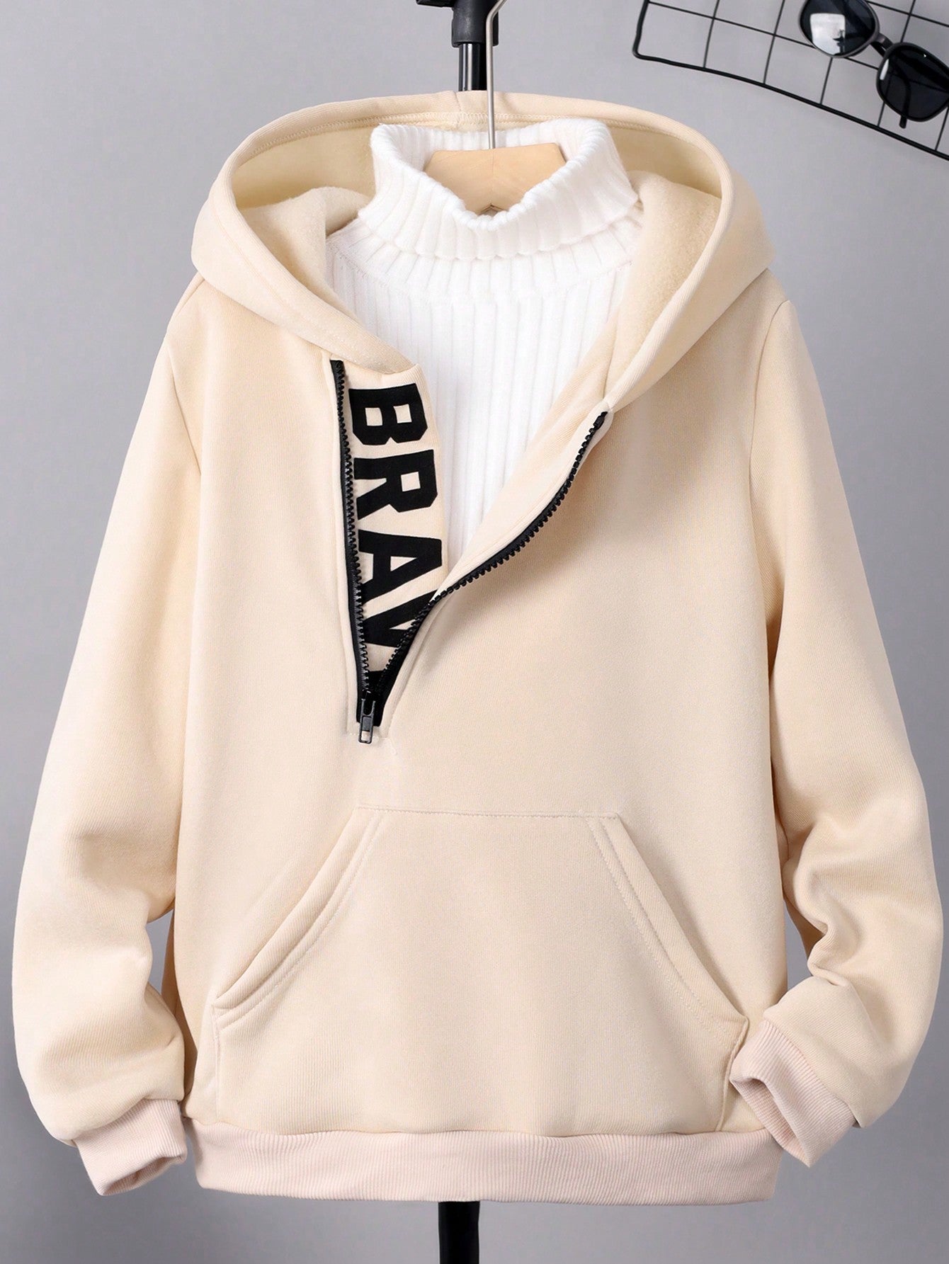 Tween Boys' Hooded Sweatshirt With Oblique Zipper And Letter Printing