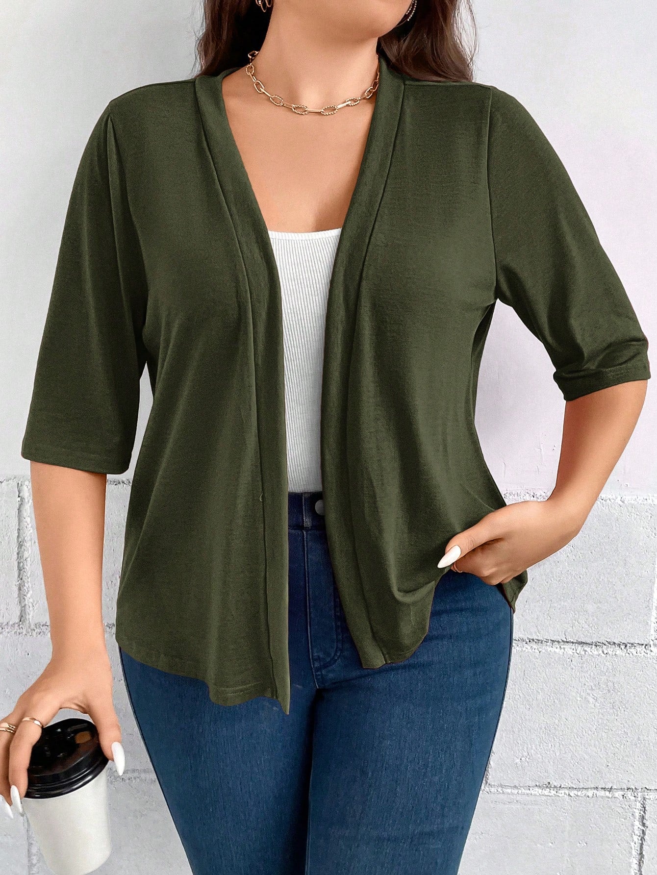 Plus Size Women's Summer Solid Color Short Sleeve Open-Front Casual Jacket