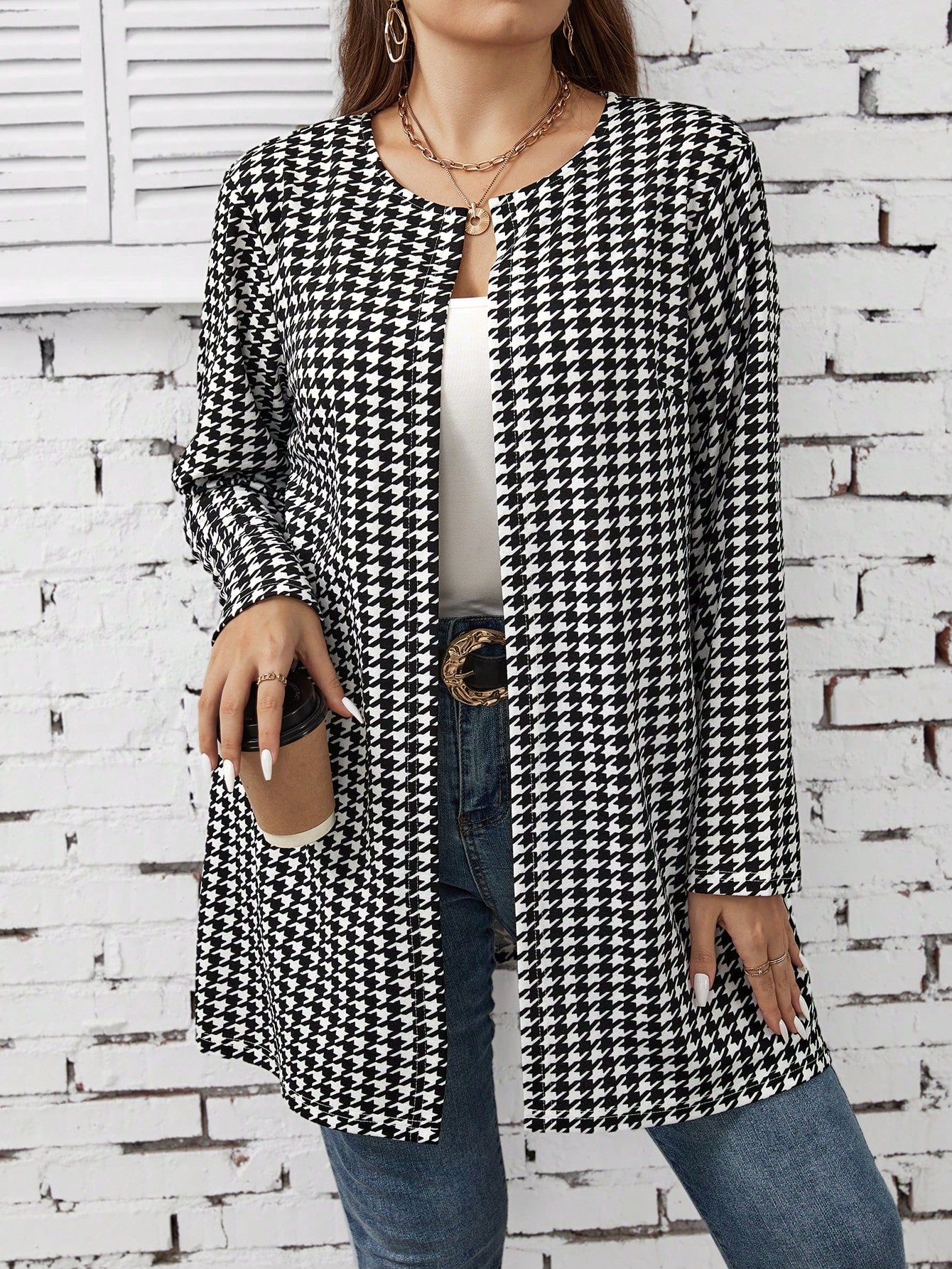 Plus Houndstooth Print Open Front Coat