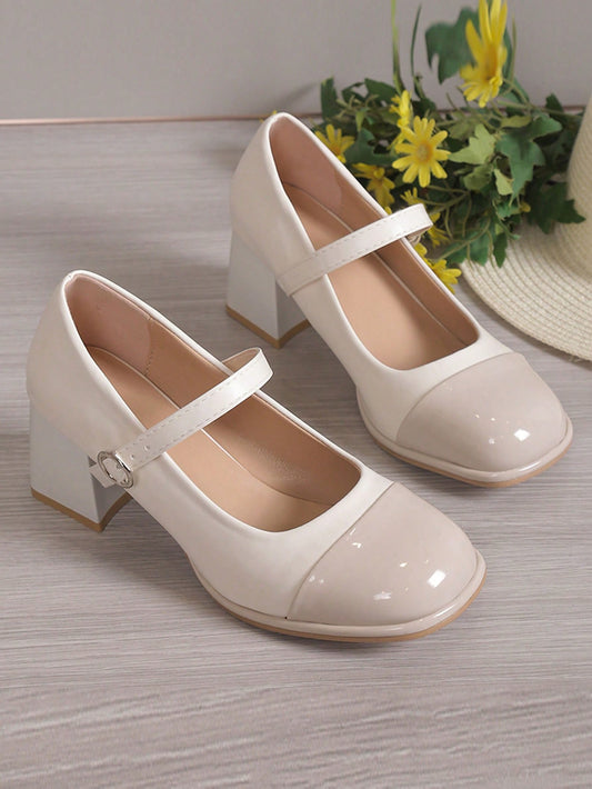 Mary Jane High Heels, Spring/autumn New Arrival, French Vintage Style, Chunky Heel, Colorblock Design, Women's Pu Leather Shoes