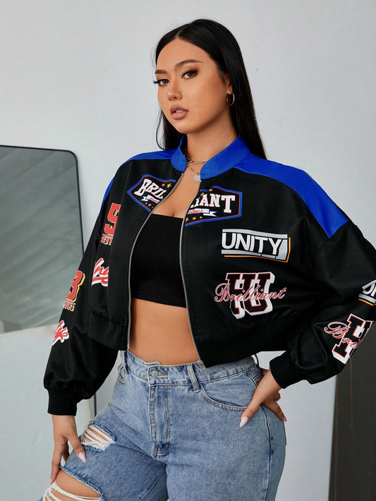 Plus Letter Graphic Colorblock Drop Shoulder Crop Bomber Jacket