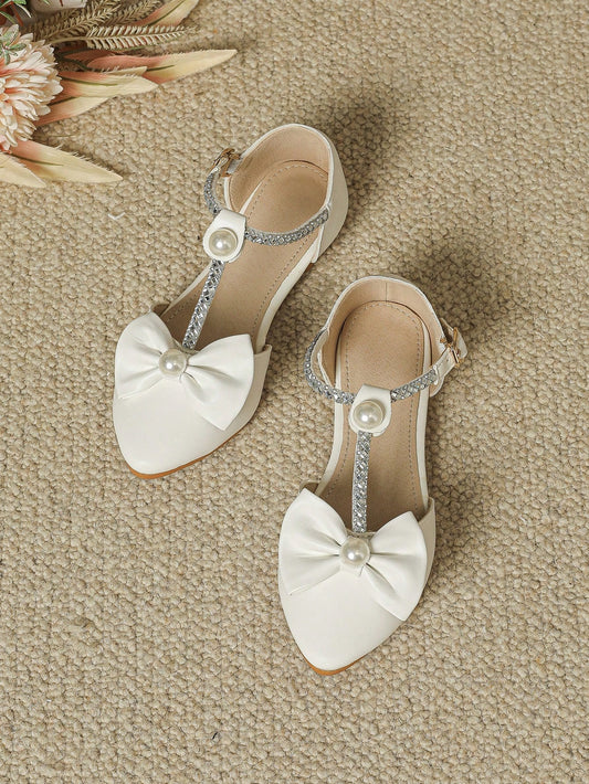 Kids' Flat Shoes For Girls, White With Fashionable Pearls For Parties