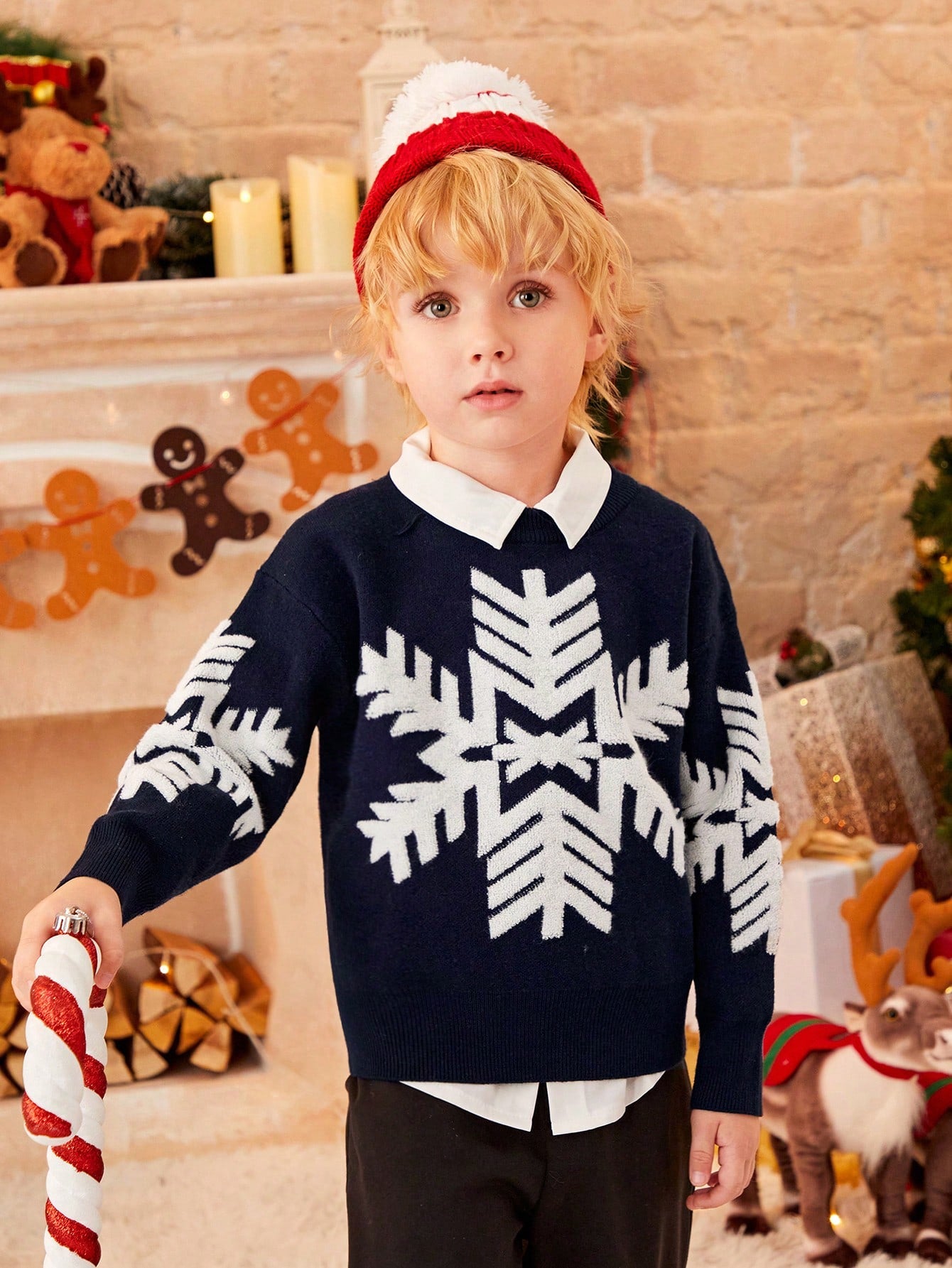 Young Boy Snowflake Pattern Round Neck Sweater Without Shirt