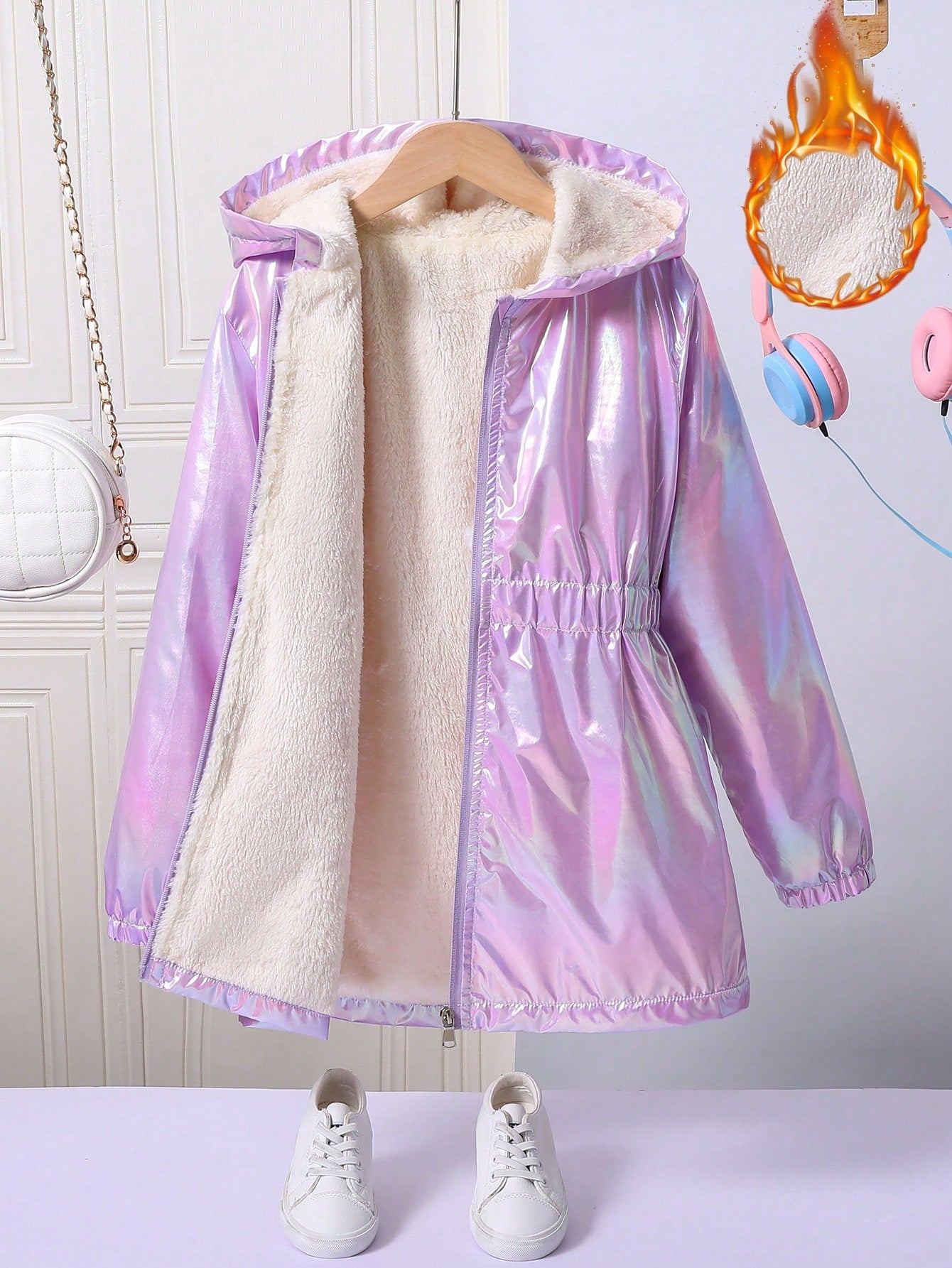 Tween Girl Holographic Thermal Lined Hooded Metallic Coat