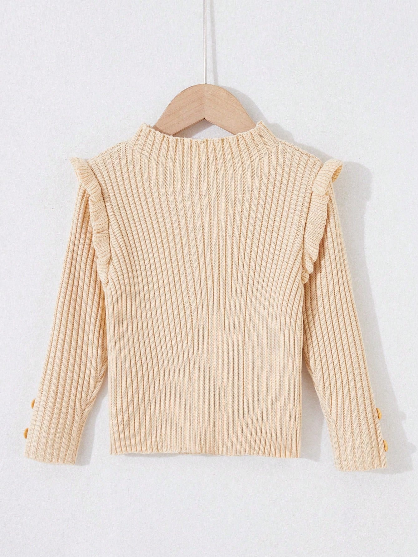 Young Girl Frill Trim Button Detail Ribbed Knit Sweater