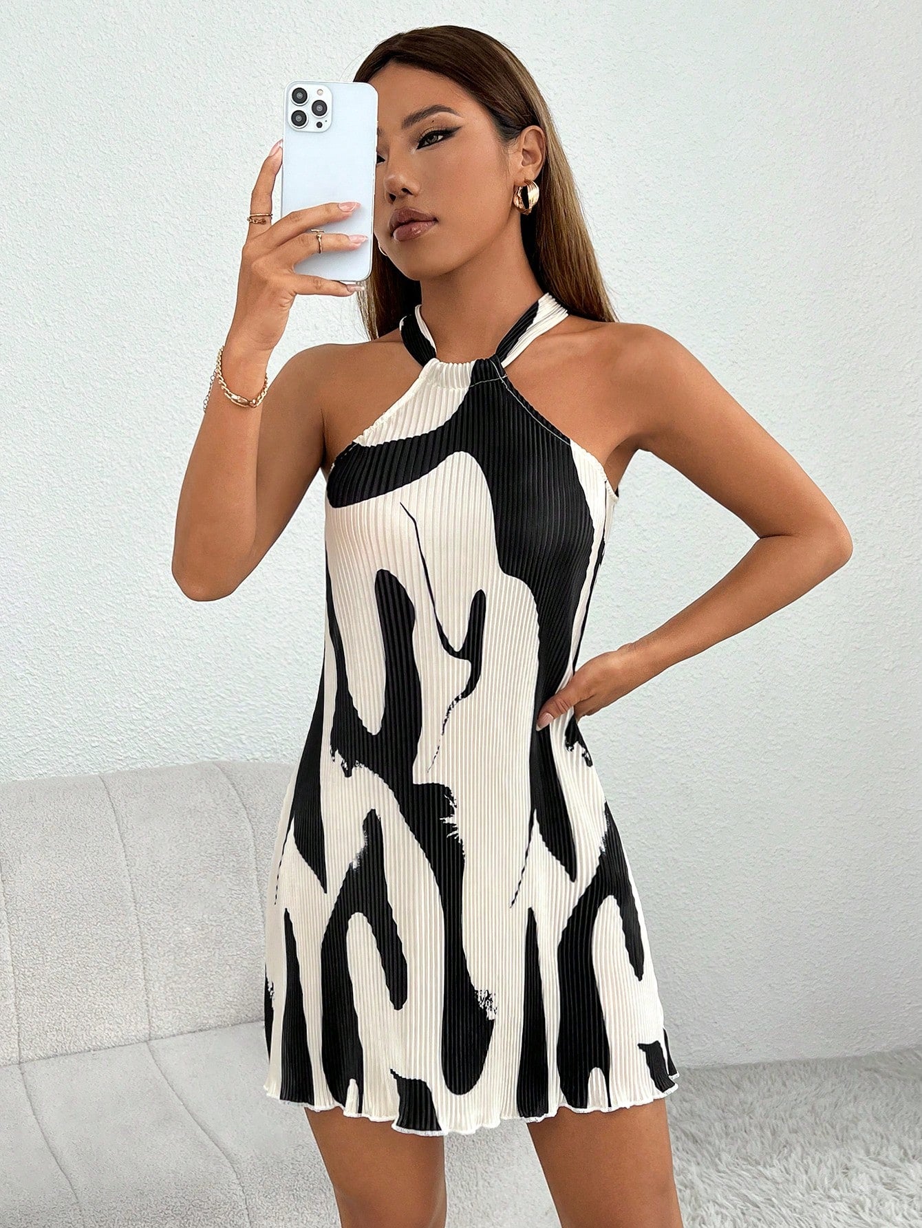 Graphic Print Lettuce Trim Halter Short Summer Dress