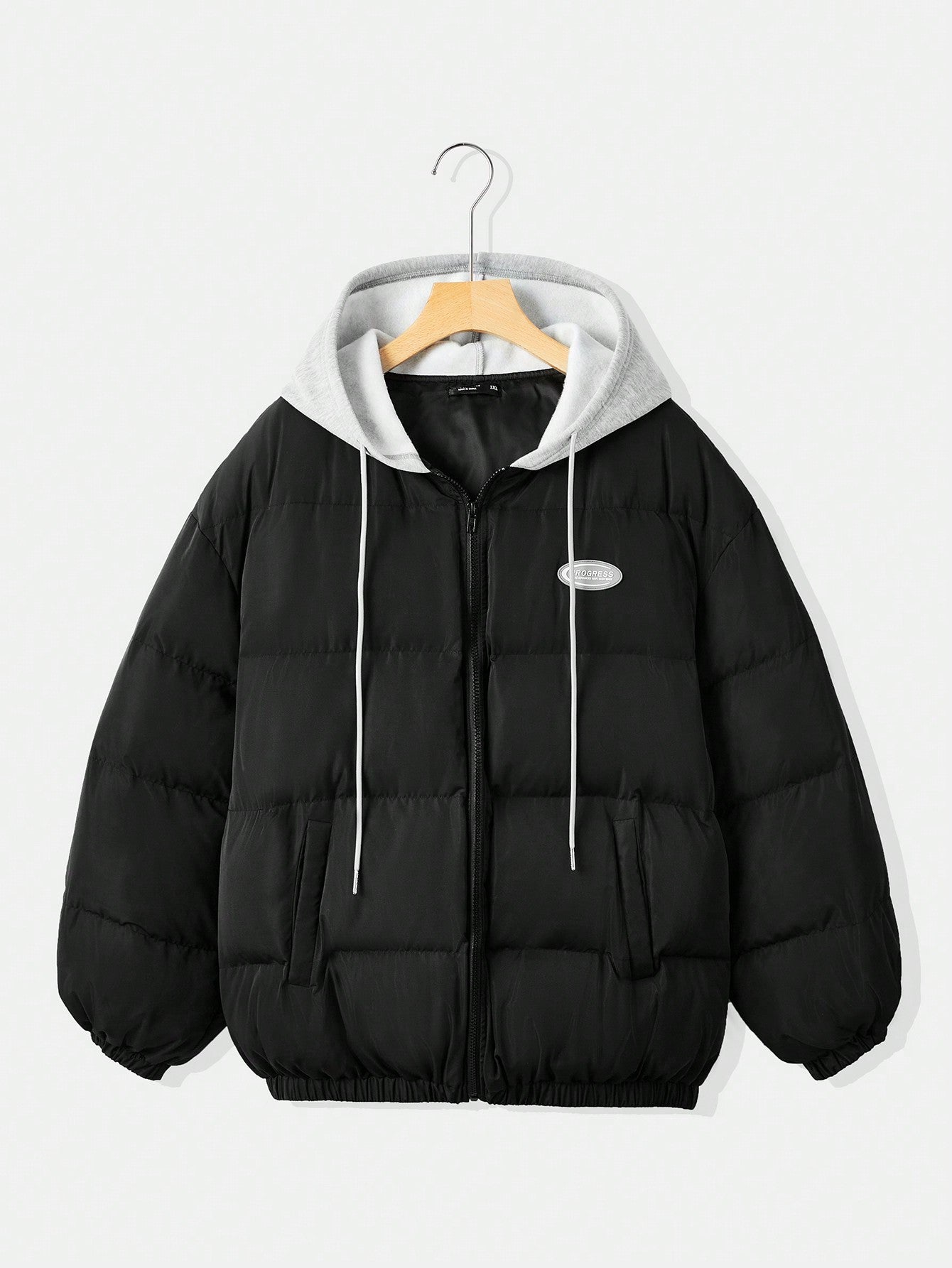 Plus Letter Patched Drop Shoulder Drawstring Hooded Puffer Coat