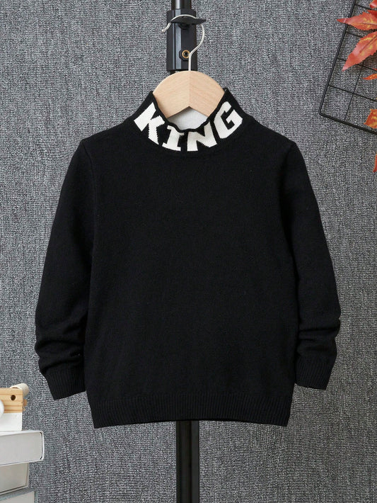 Young Boy Letter Pattern Mock Neck Sweater