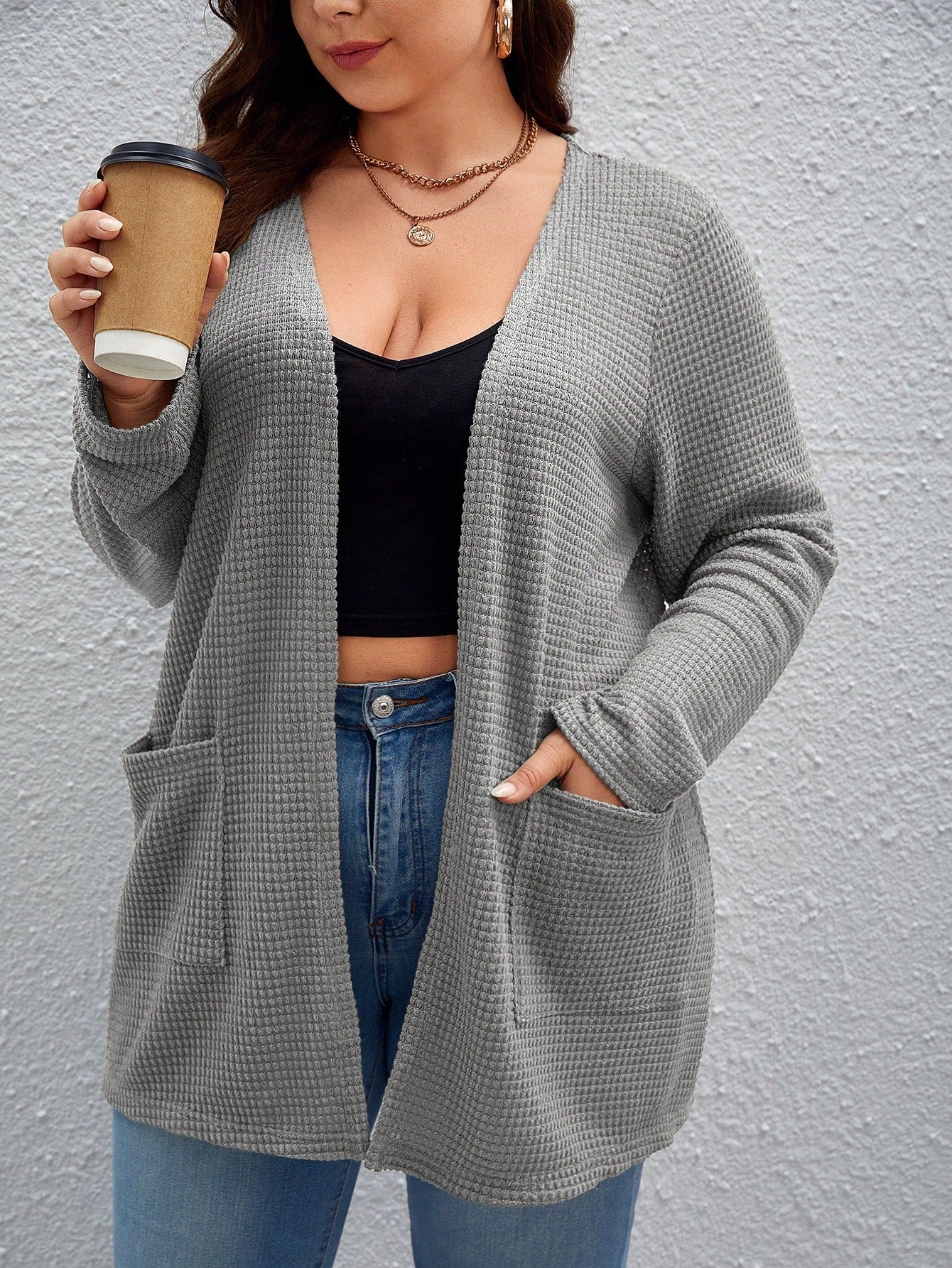 Plus 1pc Dual Pocket Waffle Knit Drop Shoulder Open Front Coat