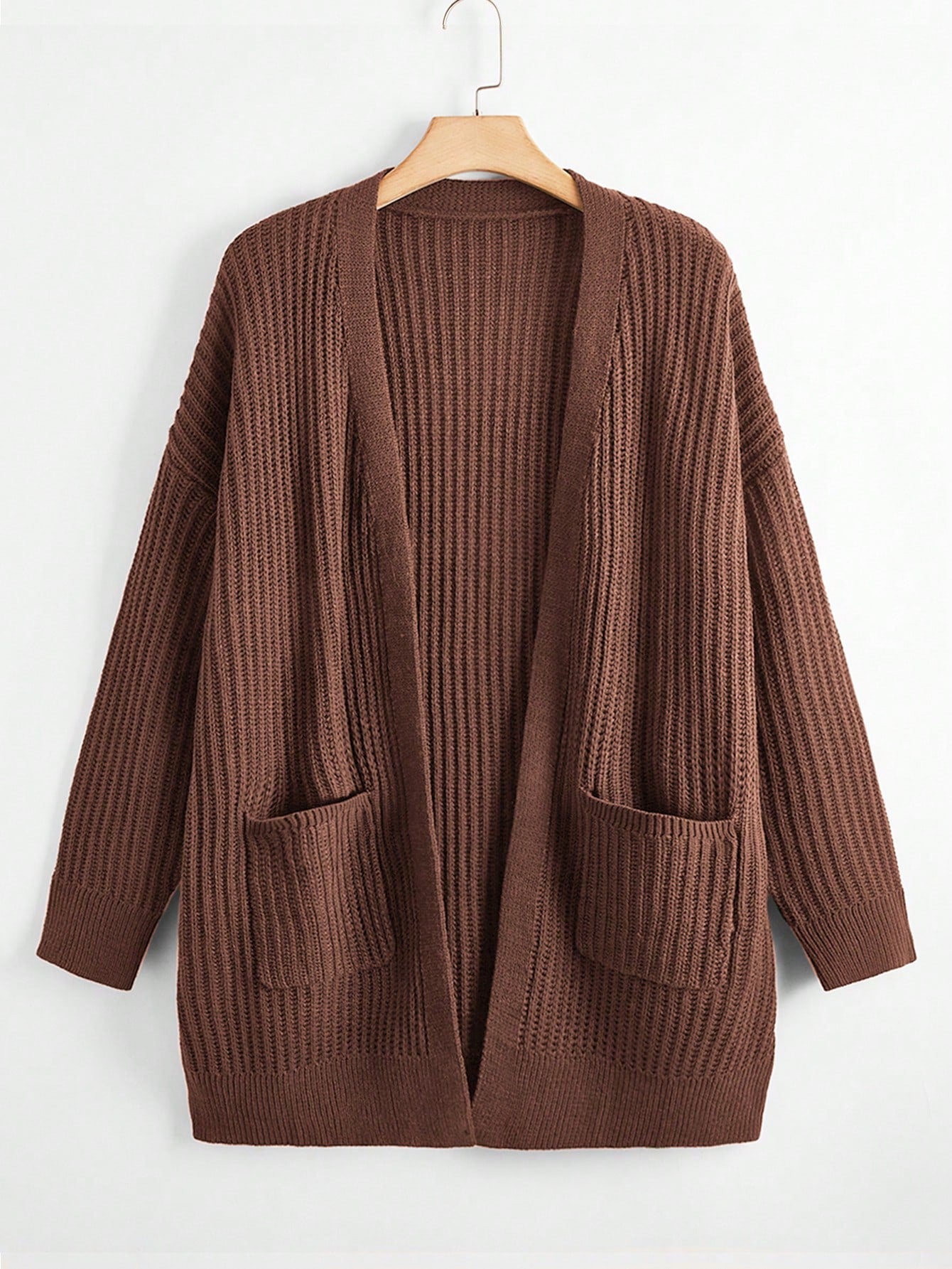 Plus Dual Pocket Drop Shoulder Open Front Cardigan