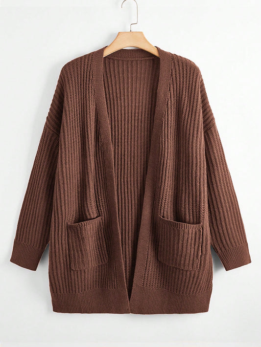 Plus Dual Pocket Drop Shoulder Open Front Cardigan