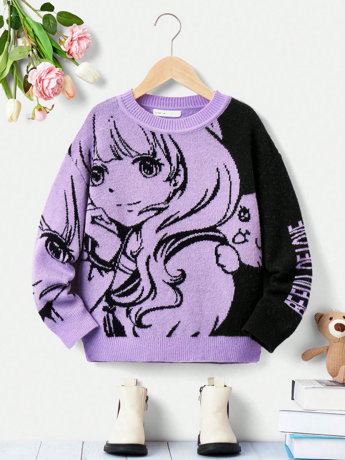 Tween Girl Figure & Letter Pattern Drop Shoulder Sweater