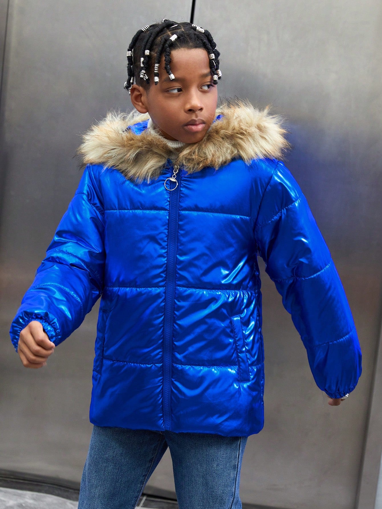 Tween Boy Fuzzy Trim Hooded Puffer Coat