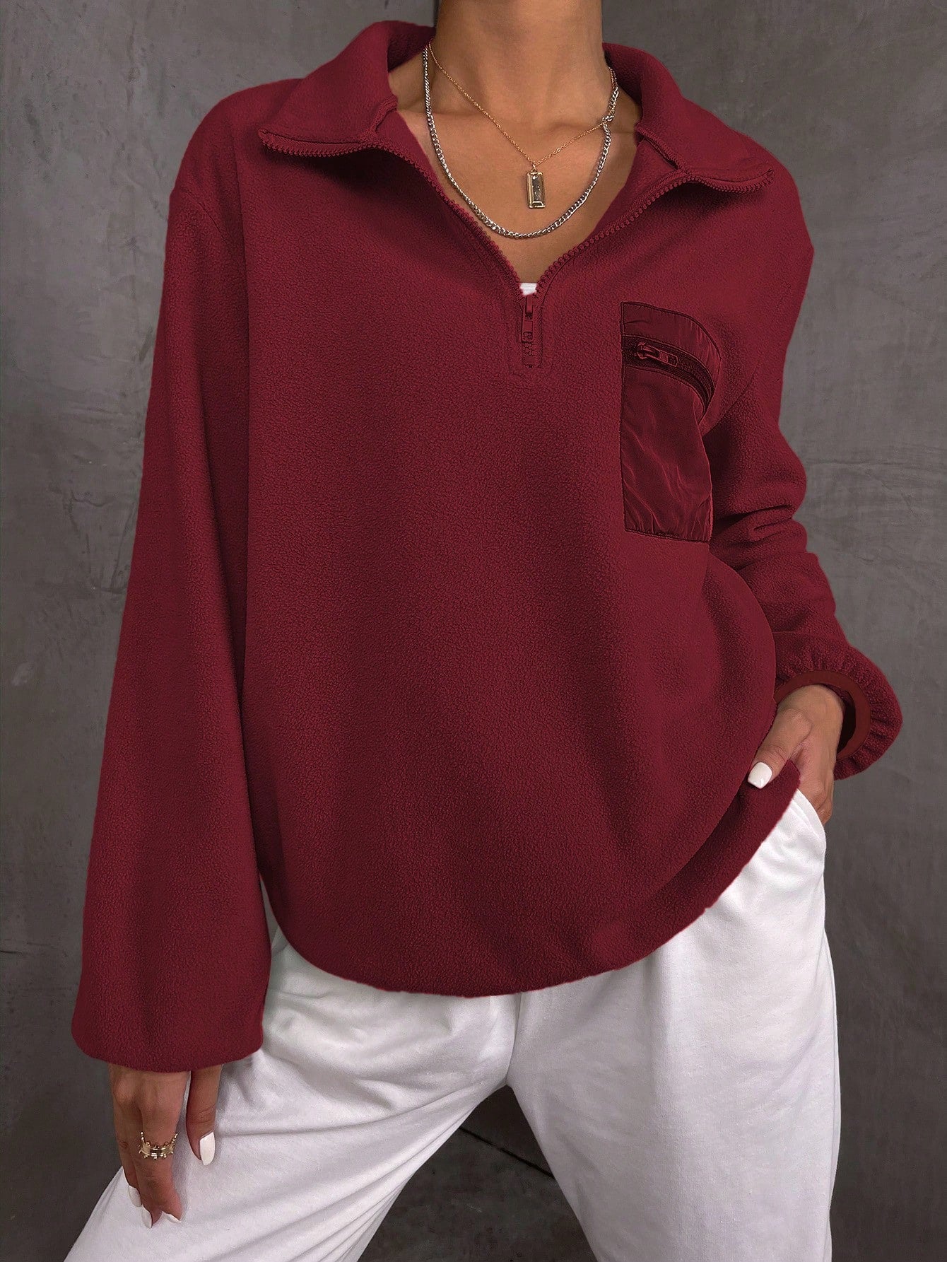 Solid Pocket Patched Half Zip Sweatshirt