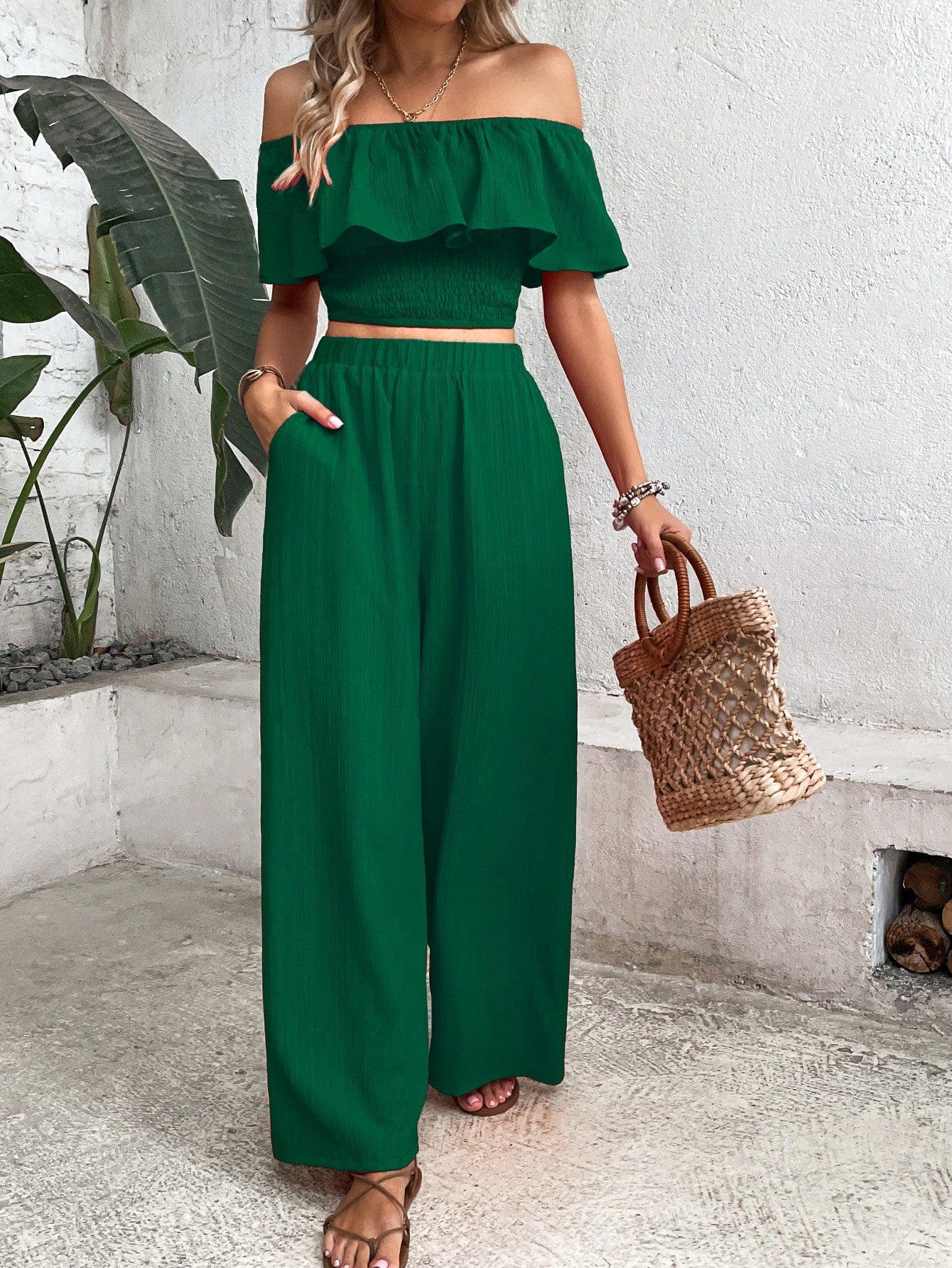 Women's Off-Shoulder Ruffle Trim Top And Wide Leg Pants Two Piece Set