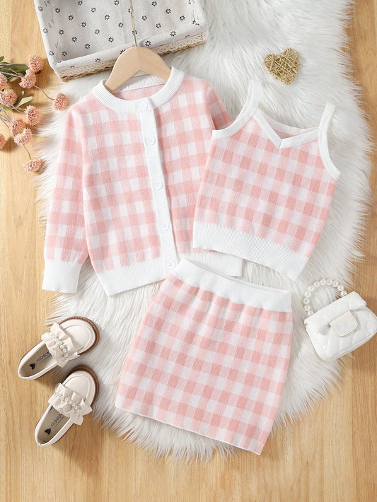 Young Girl Gingham Pattern Cardigan & Knit Cami & Knit Skirt