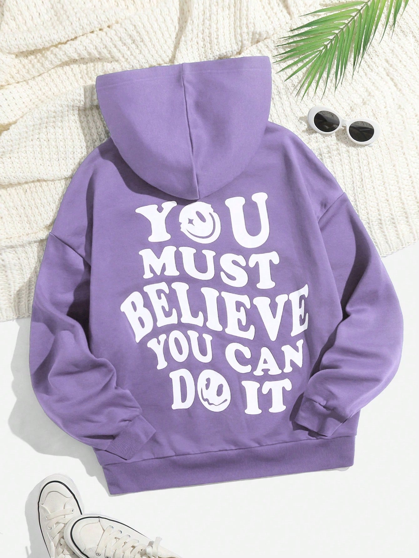 Summer Outfits Slogan Graphic Drop Shoulder Drawstring Thermal Hoodie YOU MUST BELIEVE YOU CAN DO IT