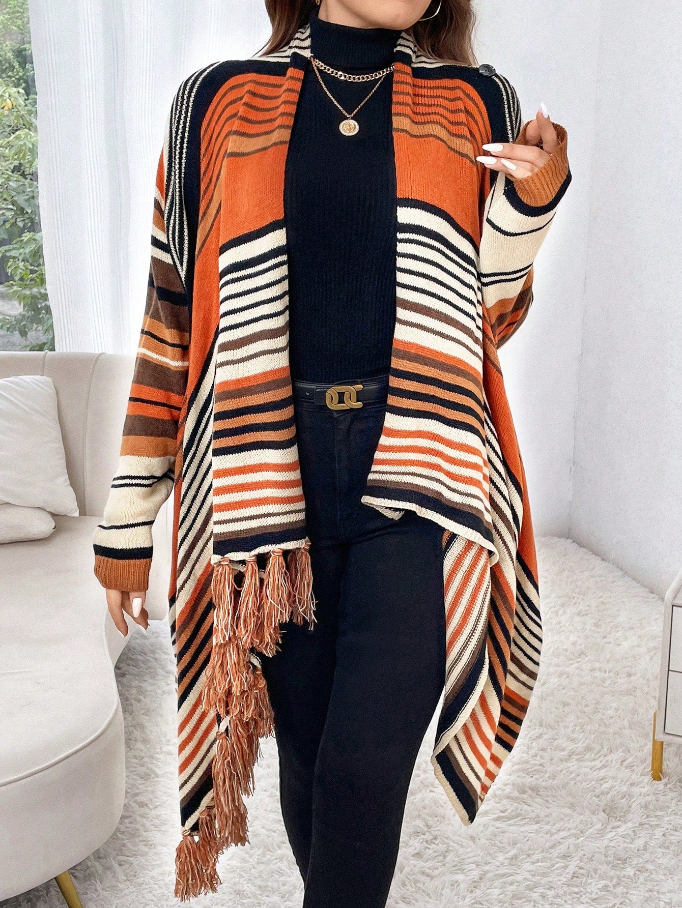 Plus Striped Pattern Fringe Trim Asymmetrical Hem Cardigan