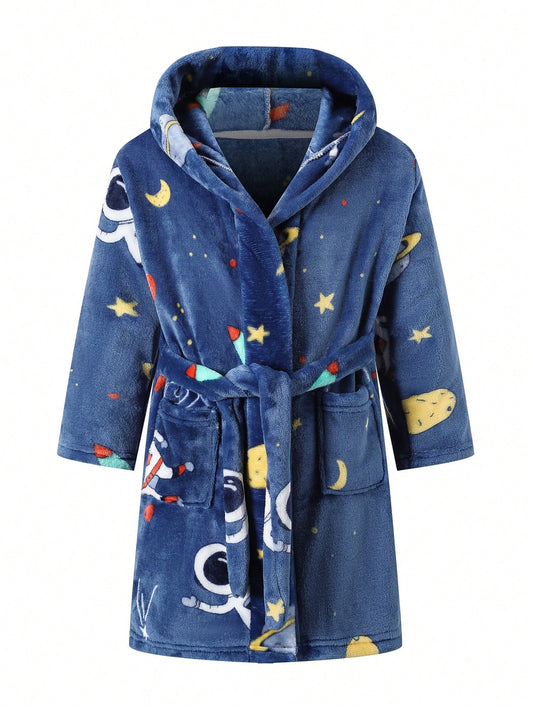 Young Boy Planet Pattern Hooded Belted Flannel Robe