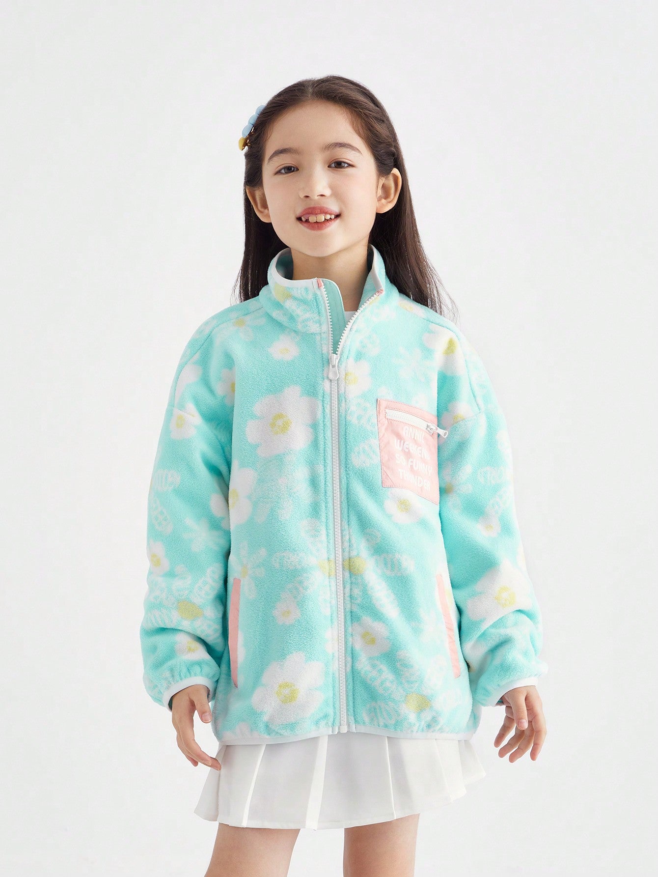 Tween Girl Autumn And Winter Vibrant Flower Printed Stand Collar Polar Fleece Warm Jacket Blue