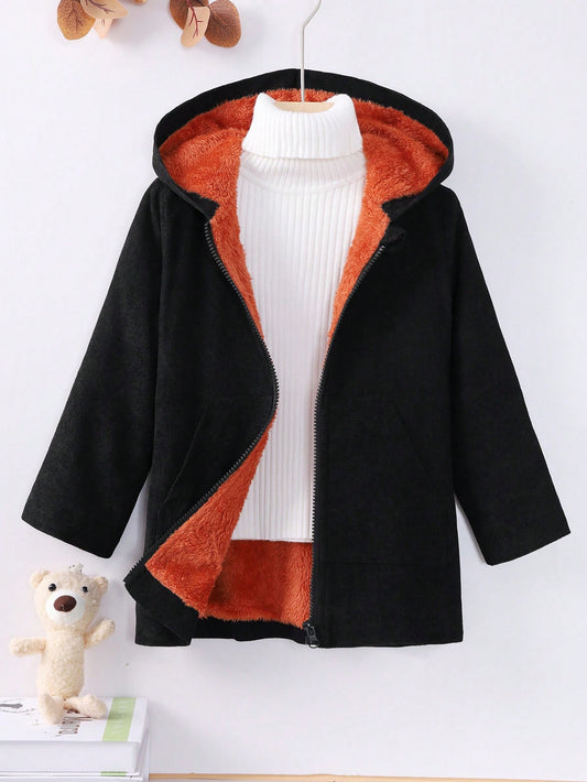 Young Boy Zipper Up Thermal Lined Hooded Coat Without Sweater