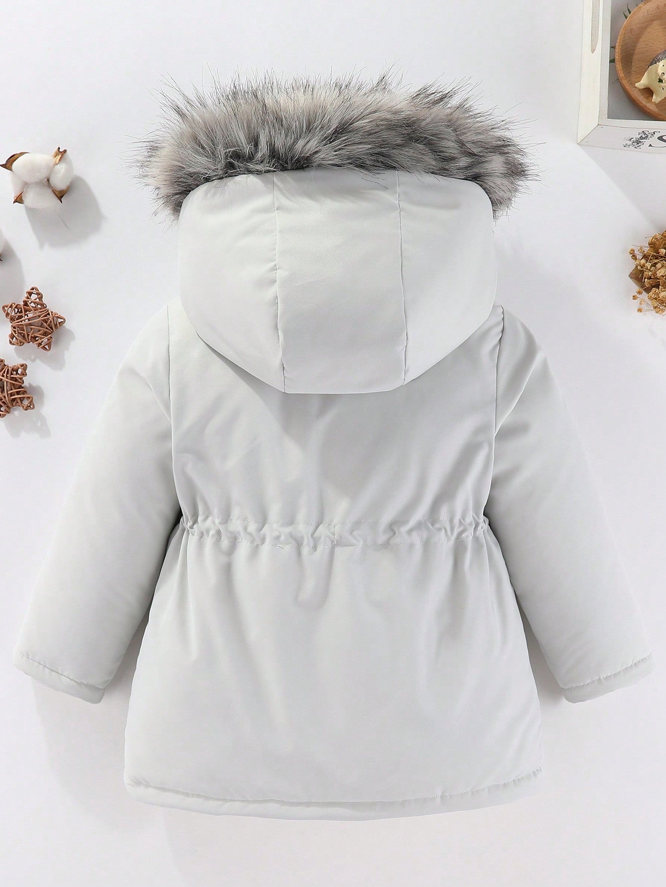 Young Girl Mid-Length Drawstring Waist Fuzzy Hooded Winter Coat