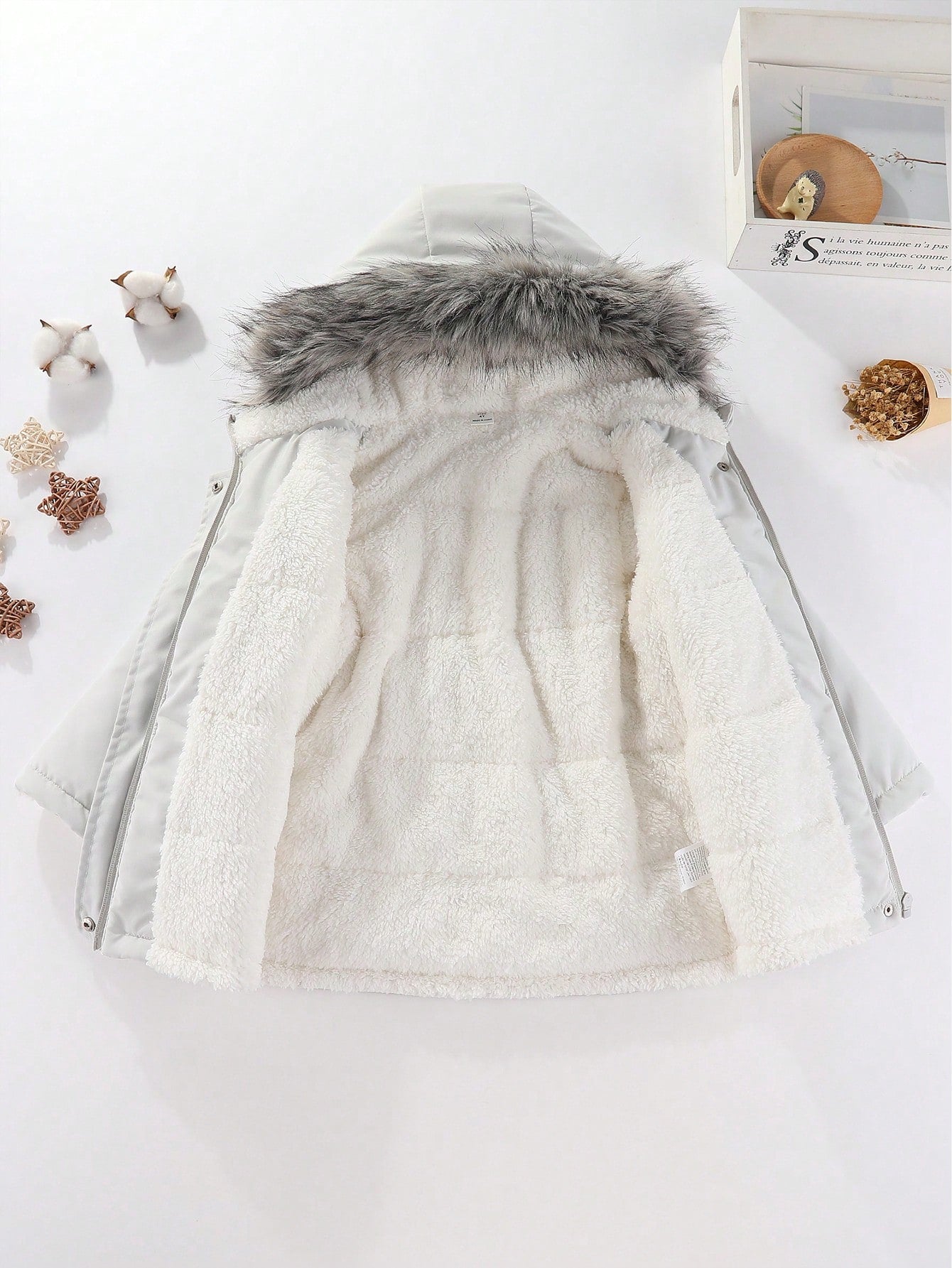 Young Girl Mid-Length Drawstring Waist Fuzzy Hooded Winter Coat