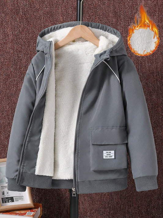 Tween Boy Letter Patched Detail Teddy Lined Hooded Jacket