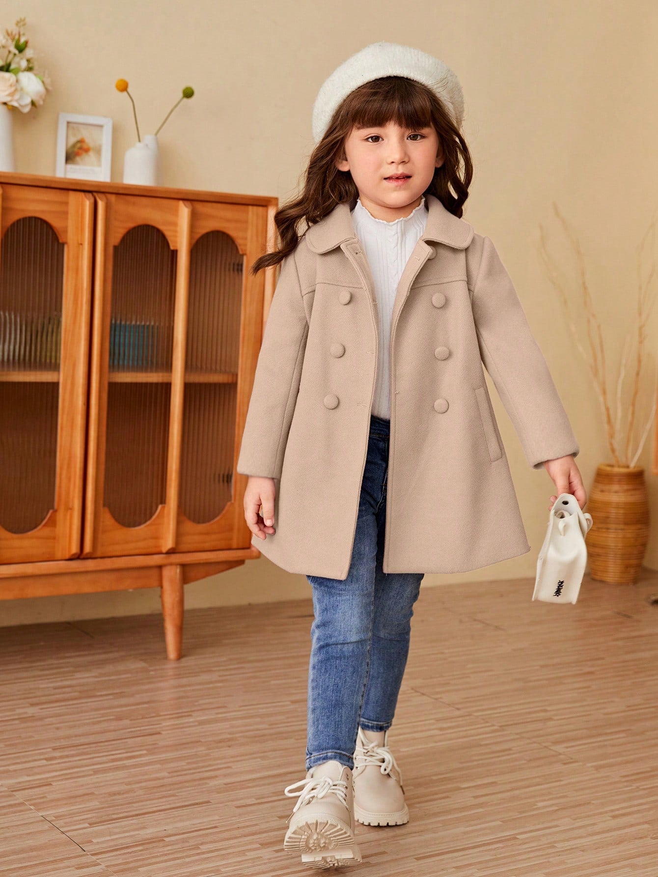 Young Girl Double Breasted Slant Pocket Overcoat