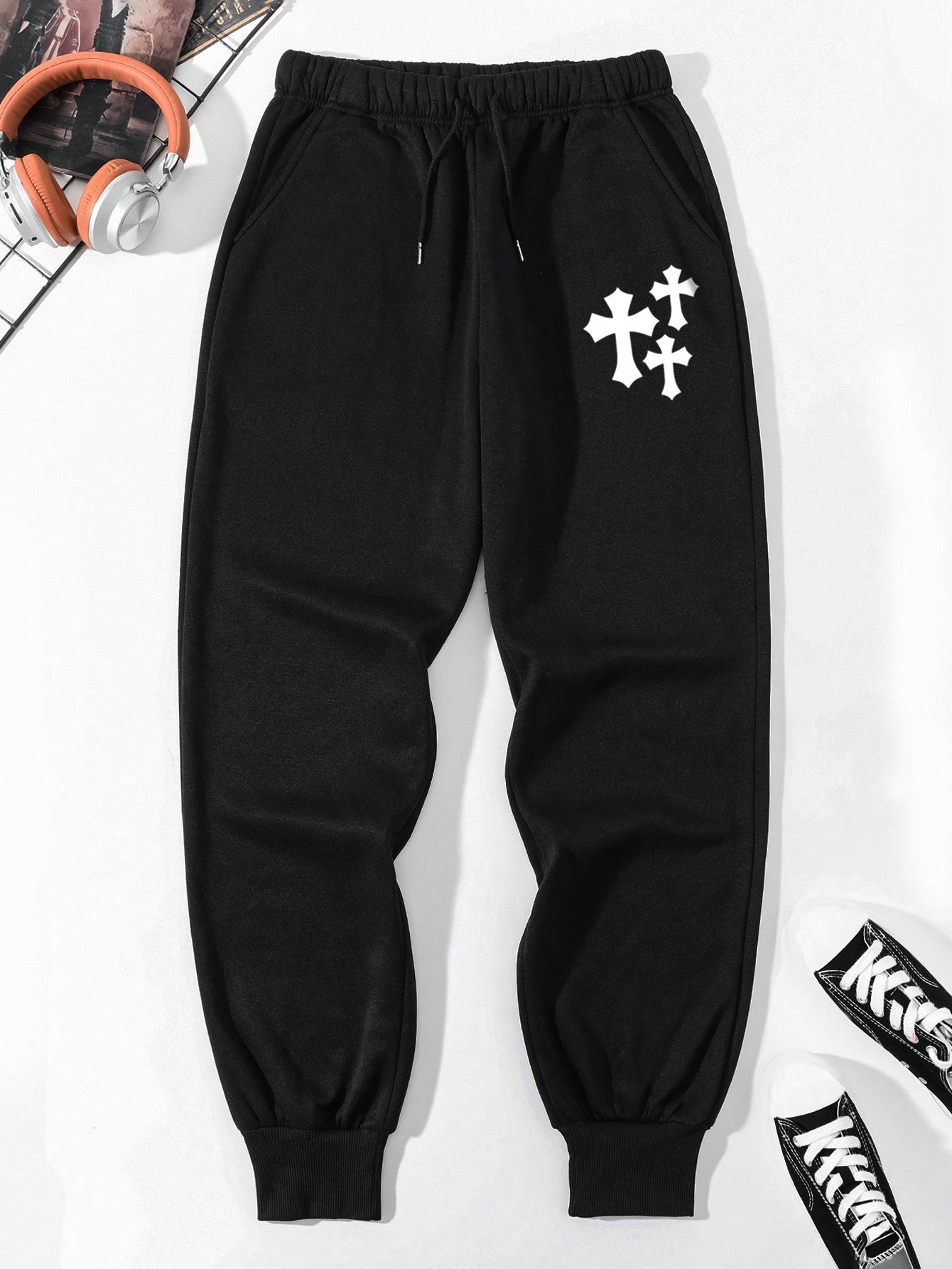 Men Cross Print Drawstring Waist Sweatpants