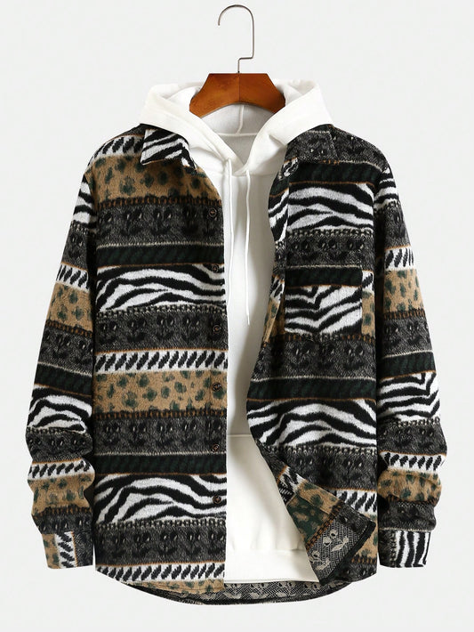 Men Zebra Striped & Leopard Print Overcoat Without Hoodie