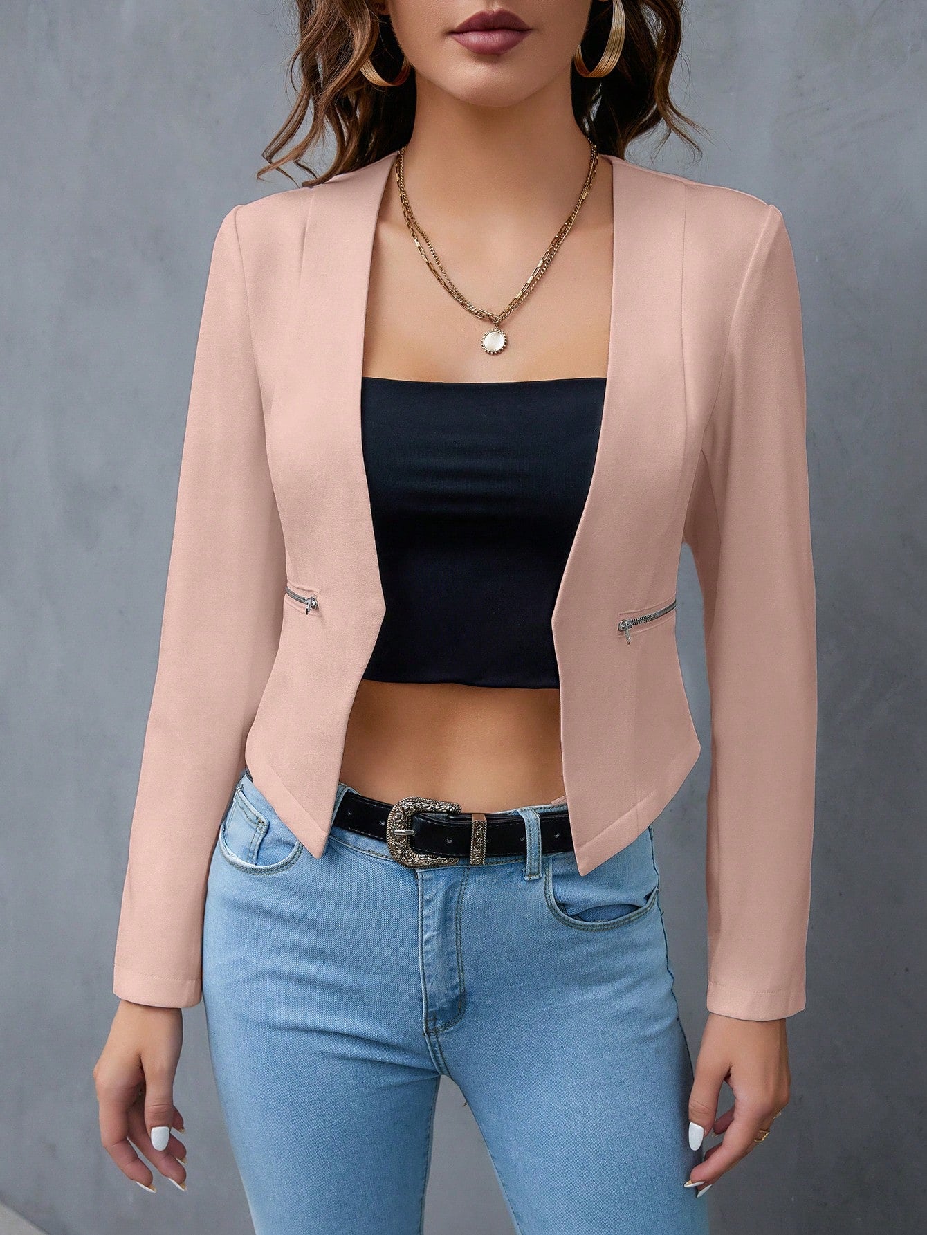 Solid Open Front Work Women Crop Blazer