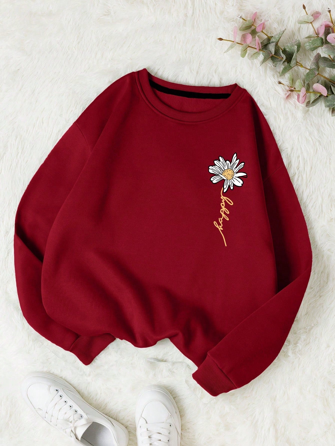 Letter & Floral Print Thermal Pullover