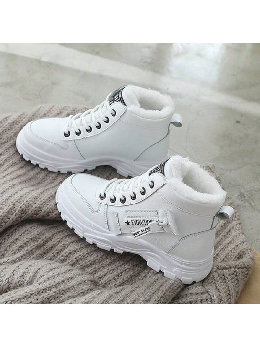 2023 Women's Winter Warm High-top Boots With Plush Lining, Korean Style, All-match, White