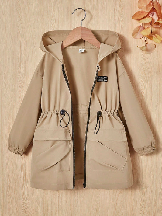 Young Girl Letter Patched Drawstring Waist Flap Pocket Hooded Coat