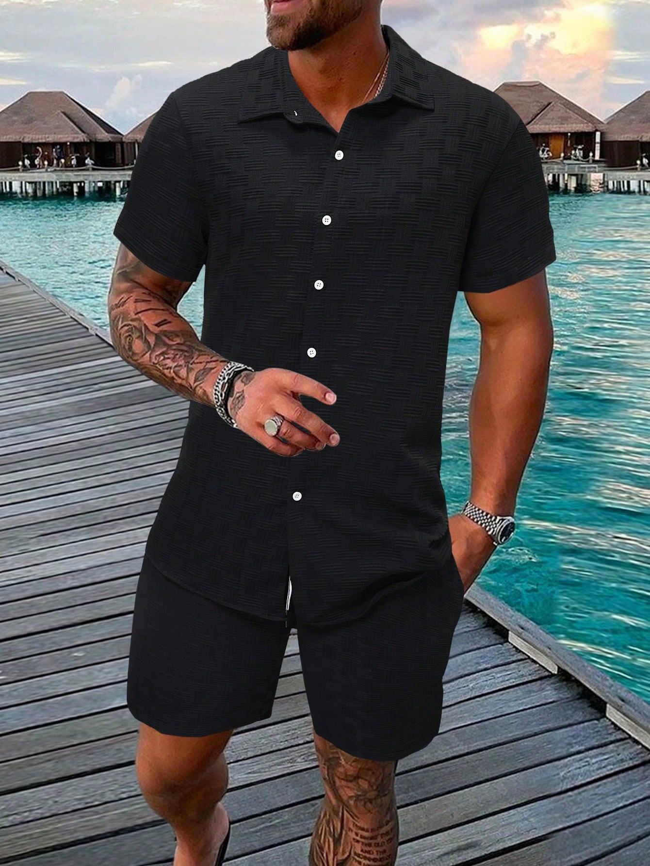 Men Solid Button Up Shirt & Shorts Set