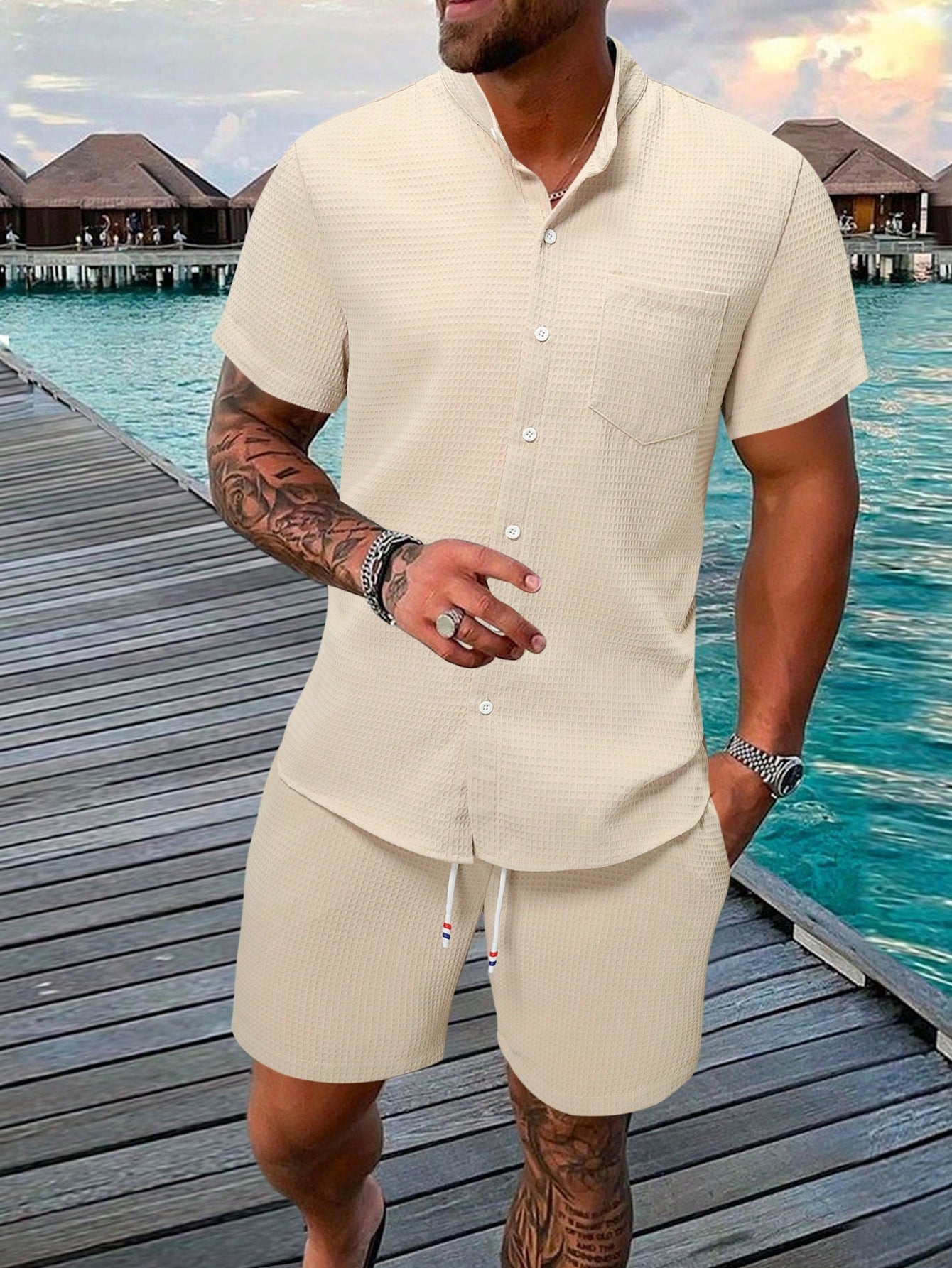 Men Pocket Patched Shirt & Drawstring Waist Shorts Set