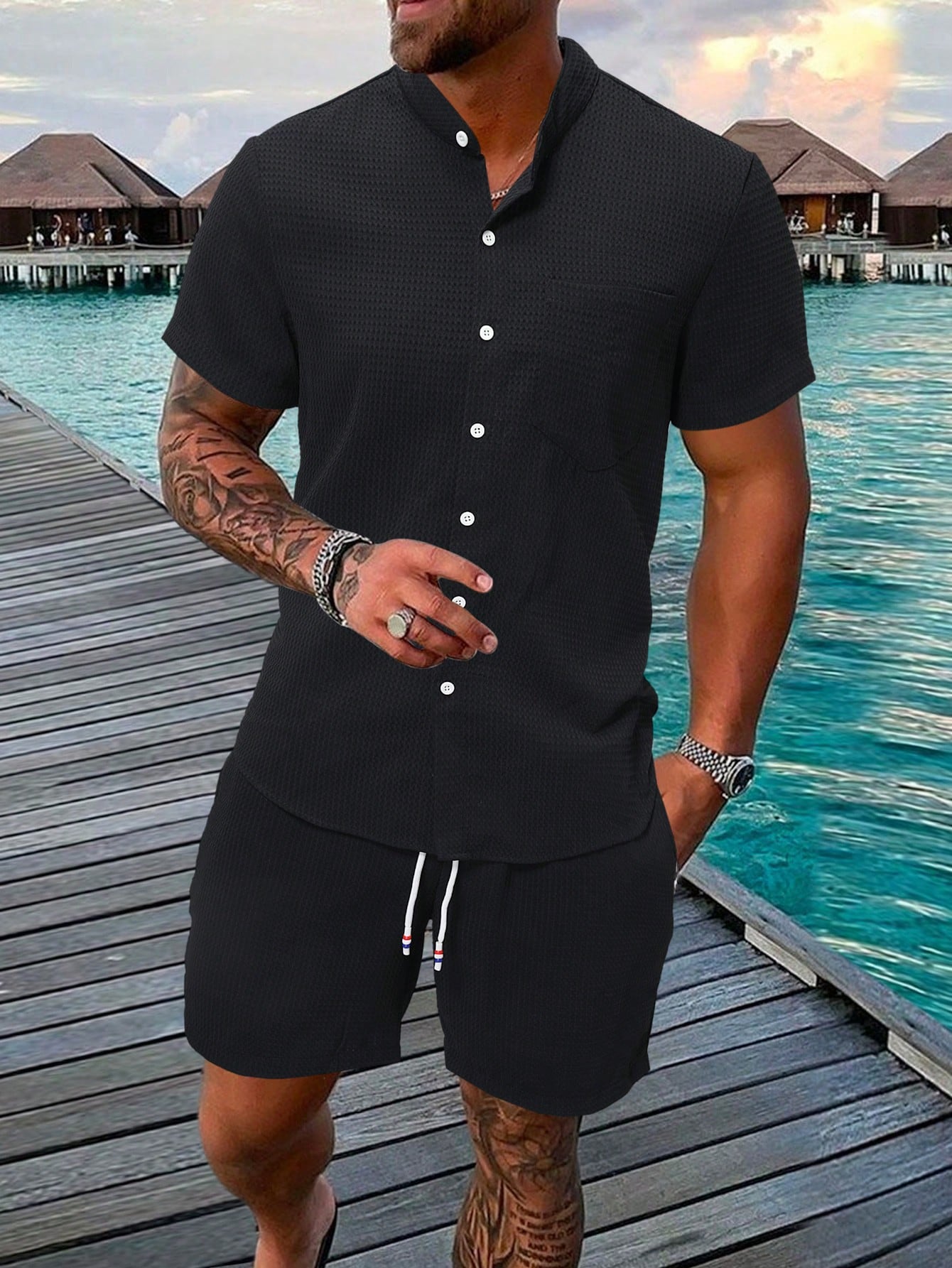 Men Pocket Patched Shirt & Drawstring Waist Shorts Set