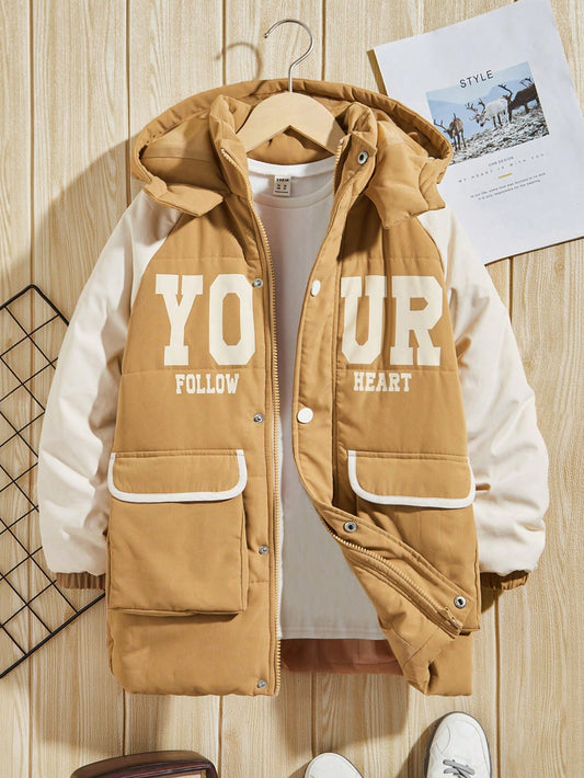 Tween Boy 1pc Letter Graphic Flap Pocket Raglan Sleeve Hooded Puffer Coat