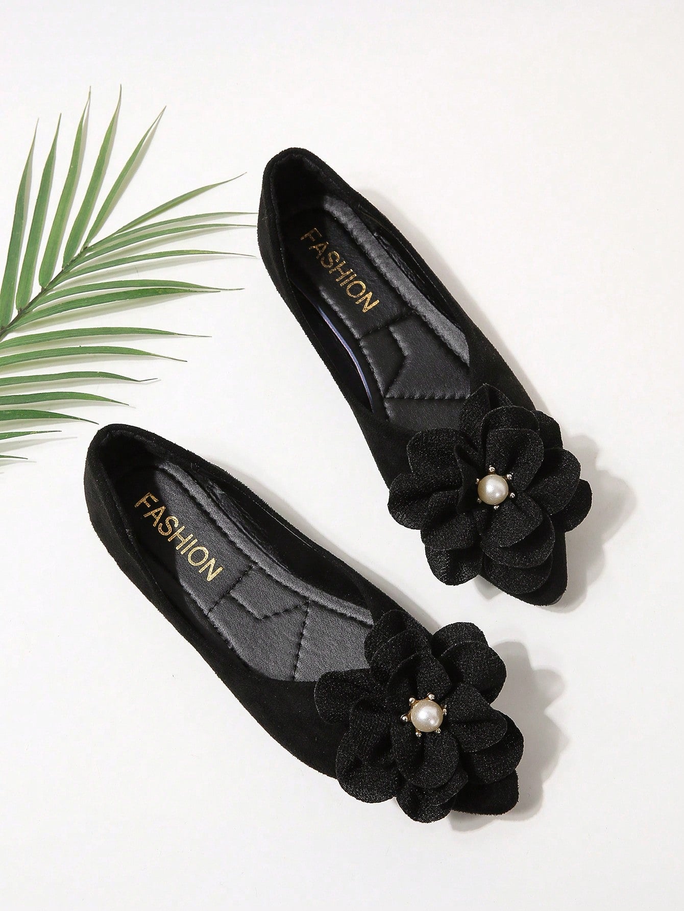 Faux Suede Flower Decor Point Toe Ballet Flats