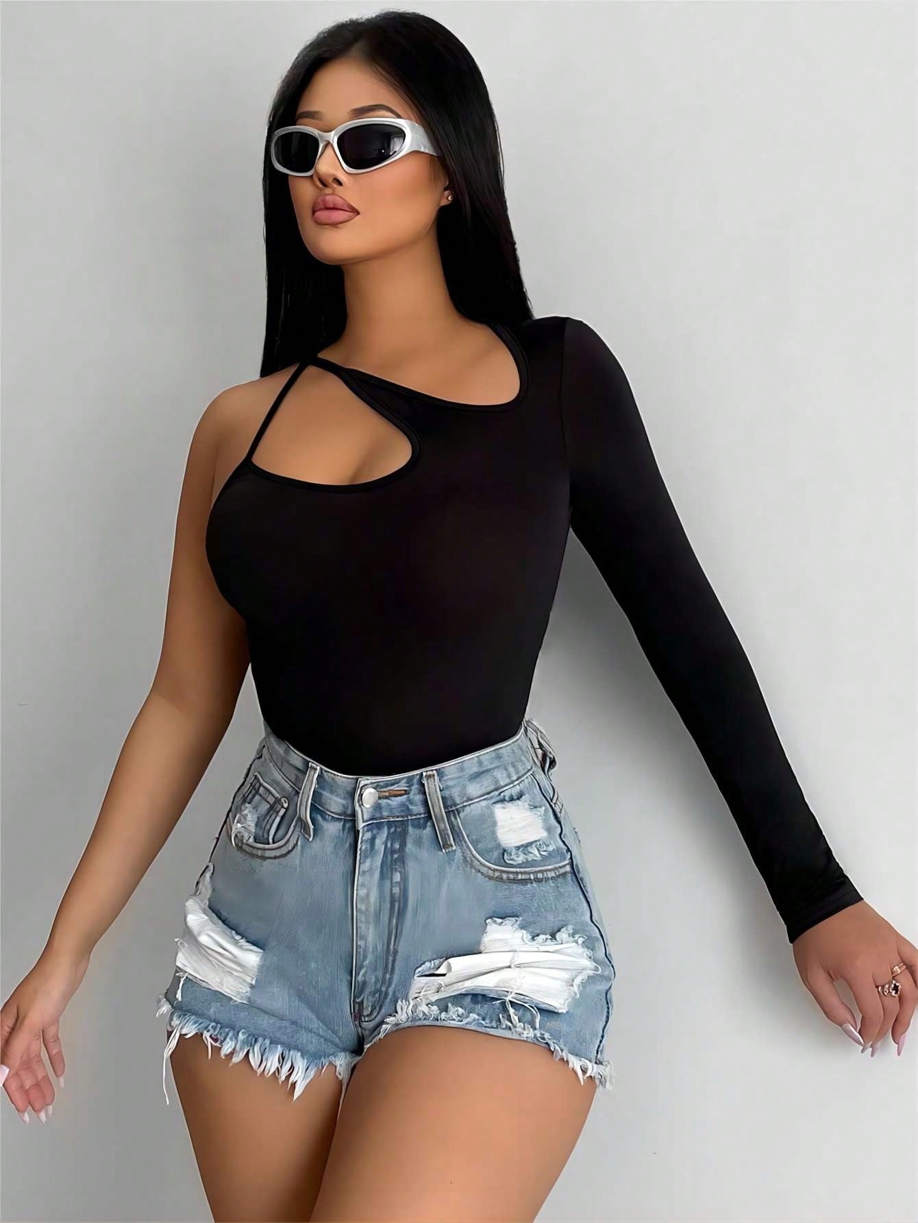 Solid Cut Out Asymmetrical Neck Slim Fit Top