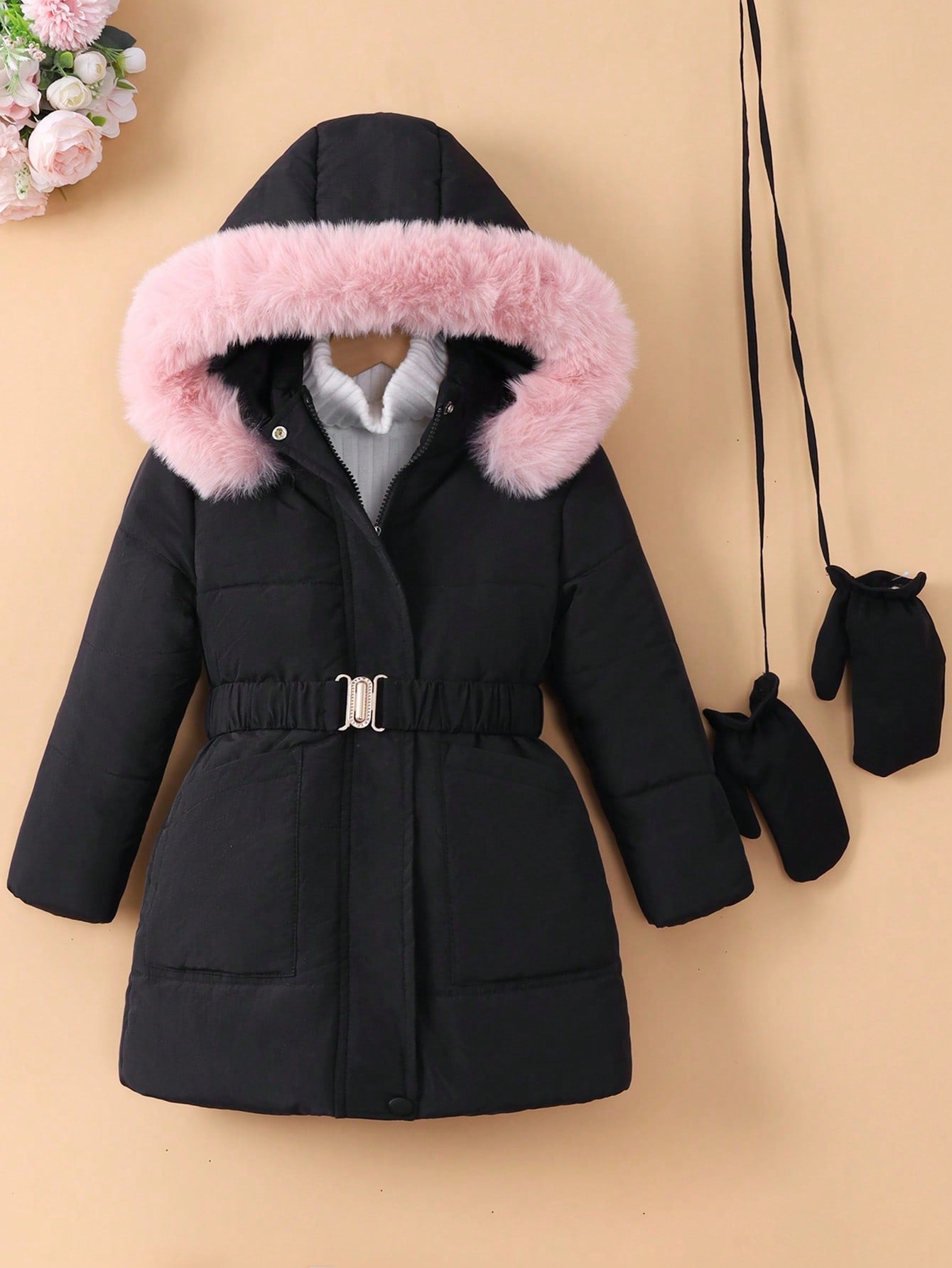 Young Girl 1pc Fuzzy Trim Hooded Belted Puffer Coat