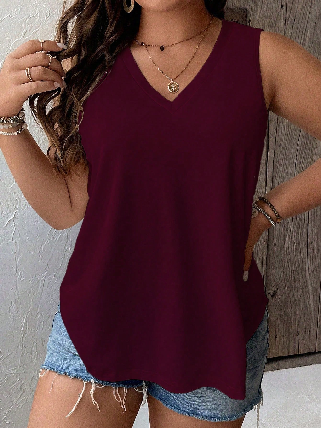 Plus Solid V Neck Tank Top